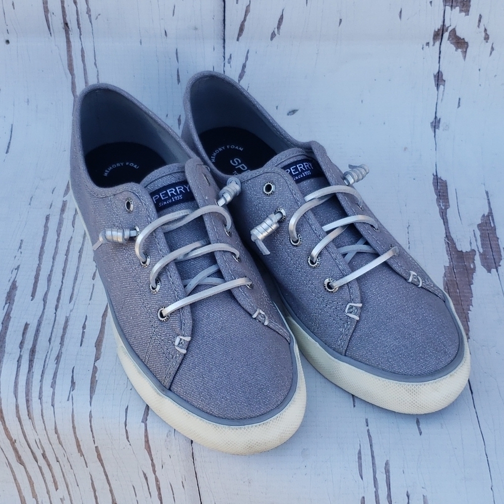 Sperry top sider memory foam 9.5 blue shiny canvas womans shoes
